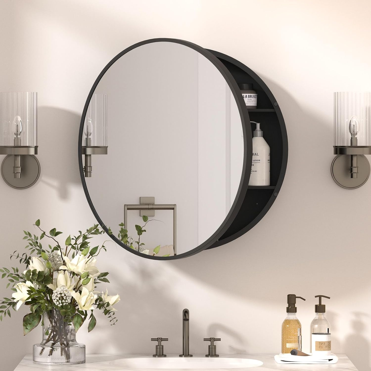 Bathroom Cabinet Mirror - 24인치 원형 약장 거울 검정색, 수납공간이