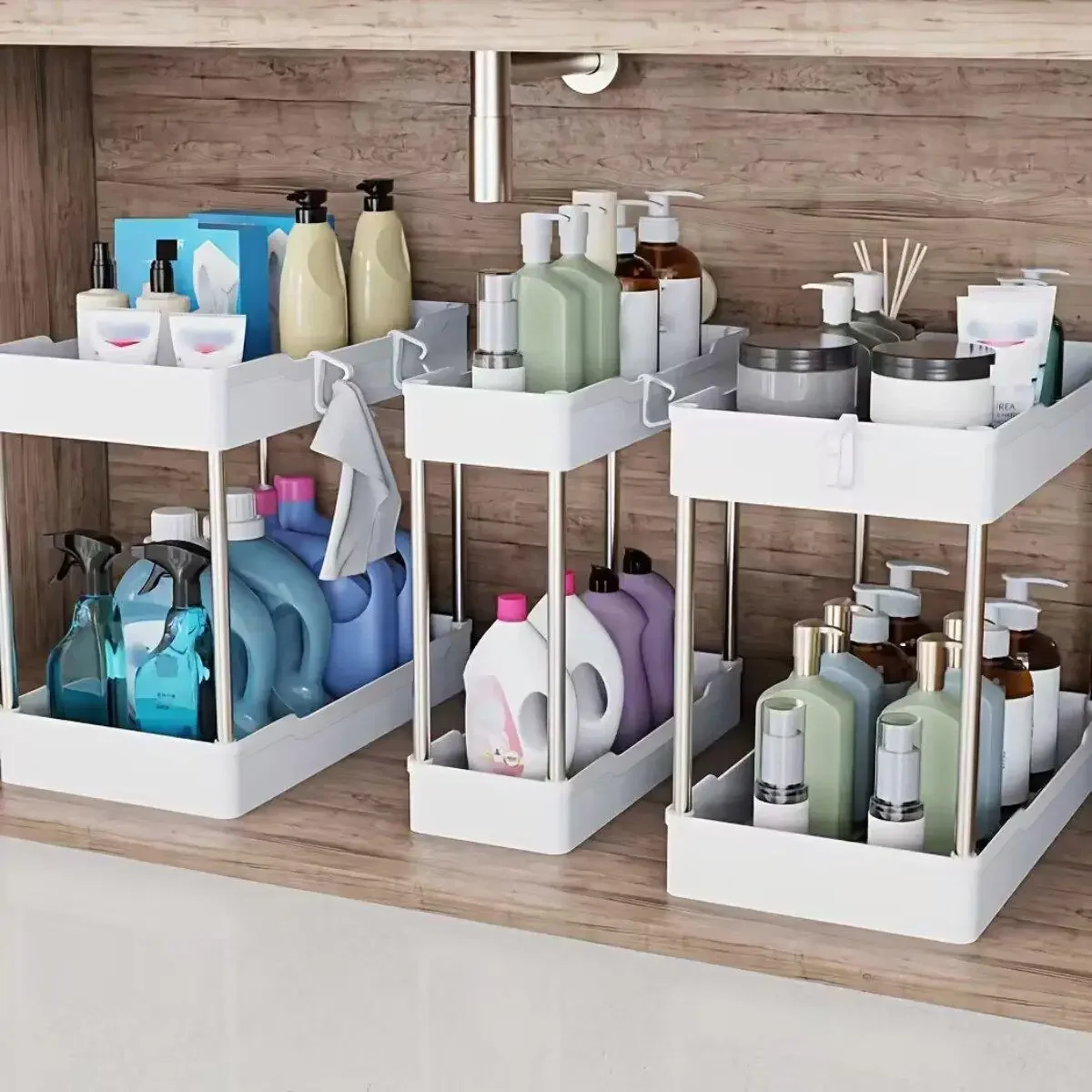 Home Bathroom Cleaning - 3개/세트 싱크대 하부 정리함 2단 수납