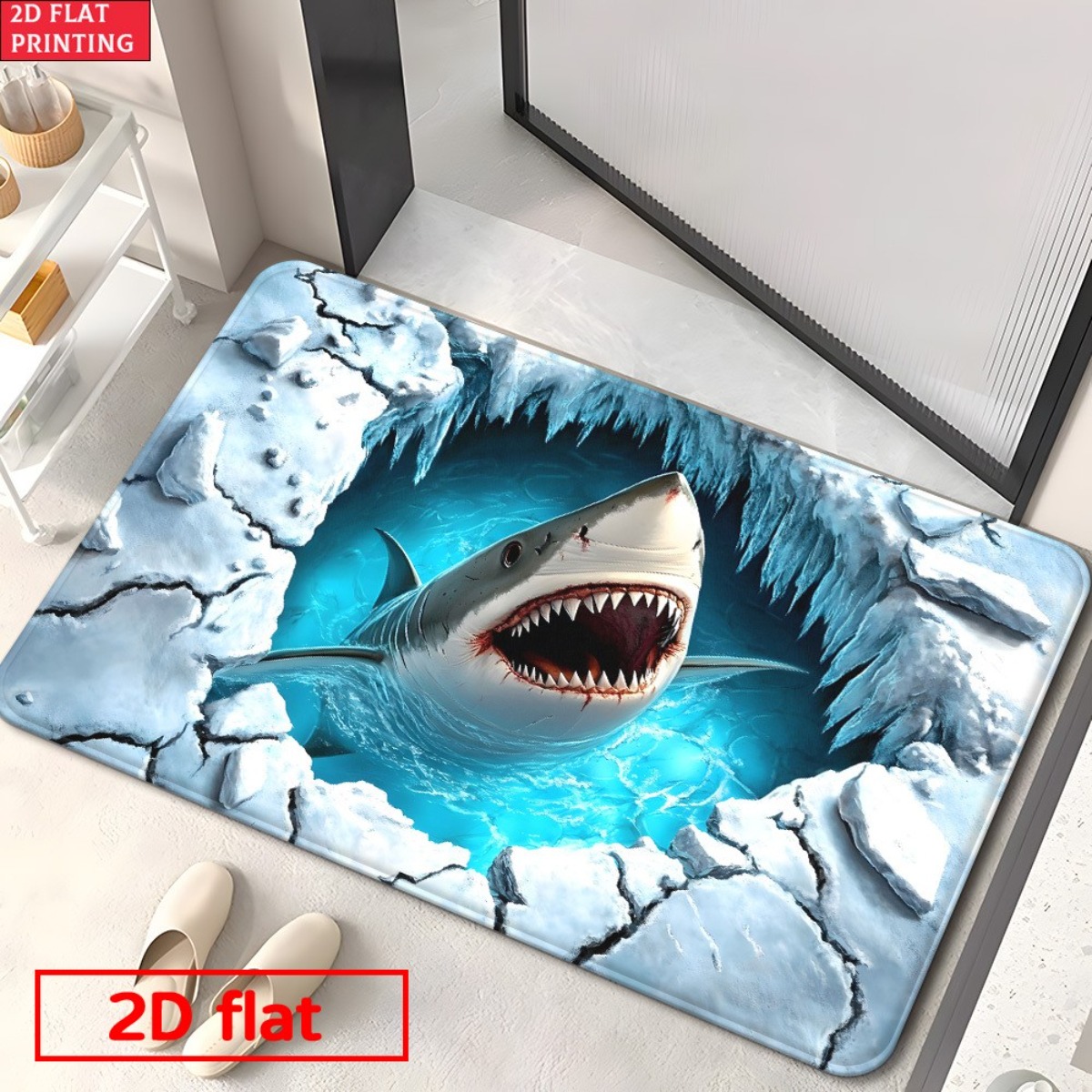 Home Bathroom Break - 3D 상어 얼음 깨는 플란넬 매트,