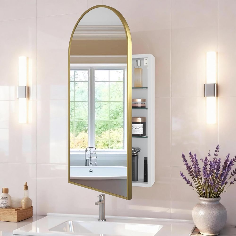 Bathroom Cabinet Mirror - 고급스러운 아치형 골드 욕실 거울 수납장,
