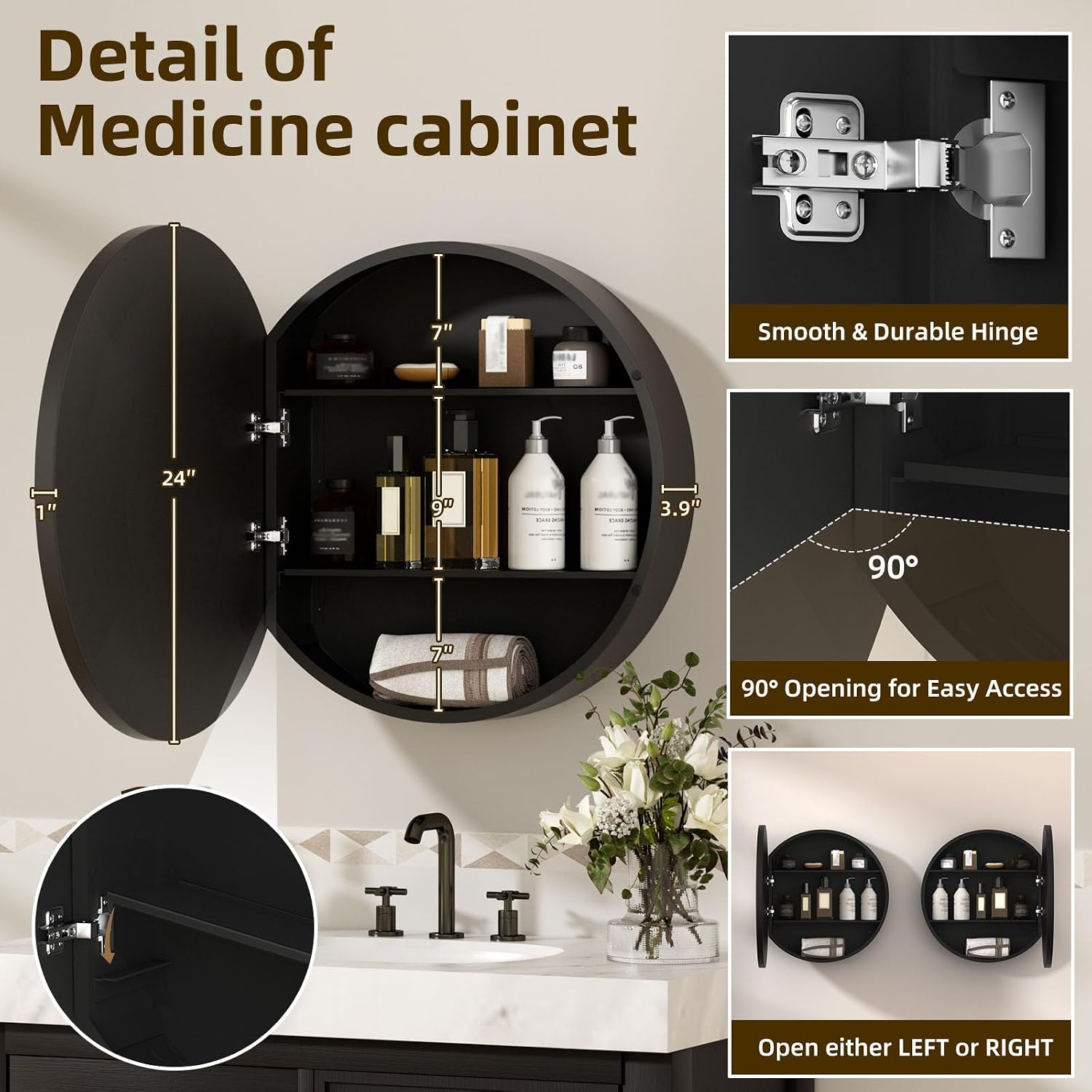 24인치 원형 약장 거울 검정색, 수납공간이 있는 원형 - Bathroom Cabinet Mirror 리뷰 및 가격